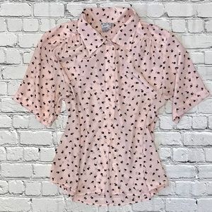 Pink short sleeve button up blouse black flowers